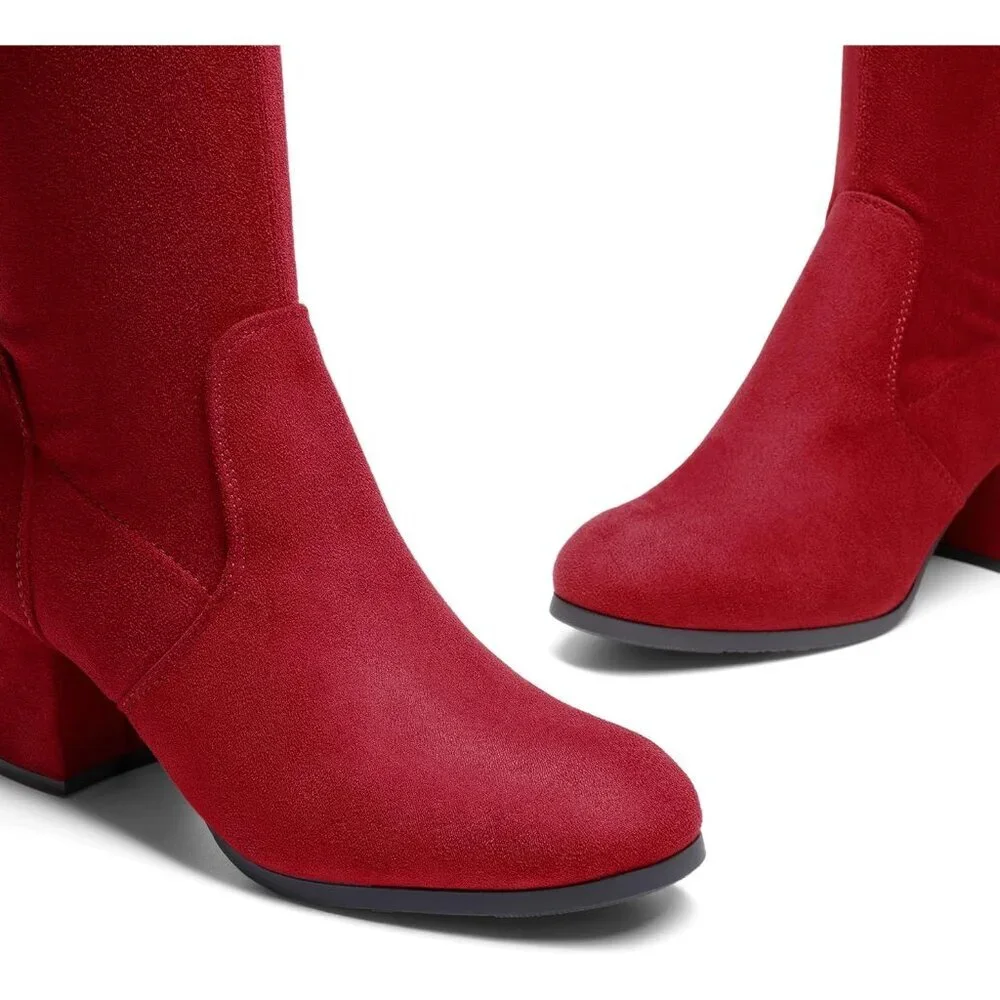 Women's Red Suede Over The Knee Thigh High Chunky Heel Long Stretch Fall Boots